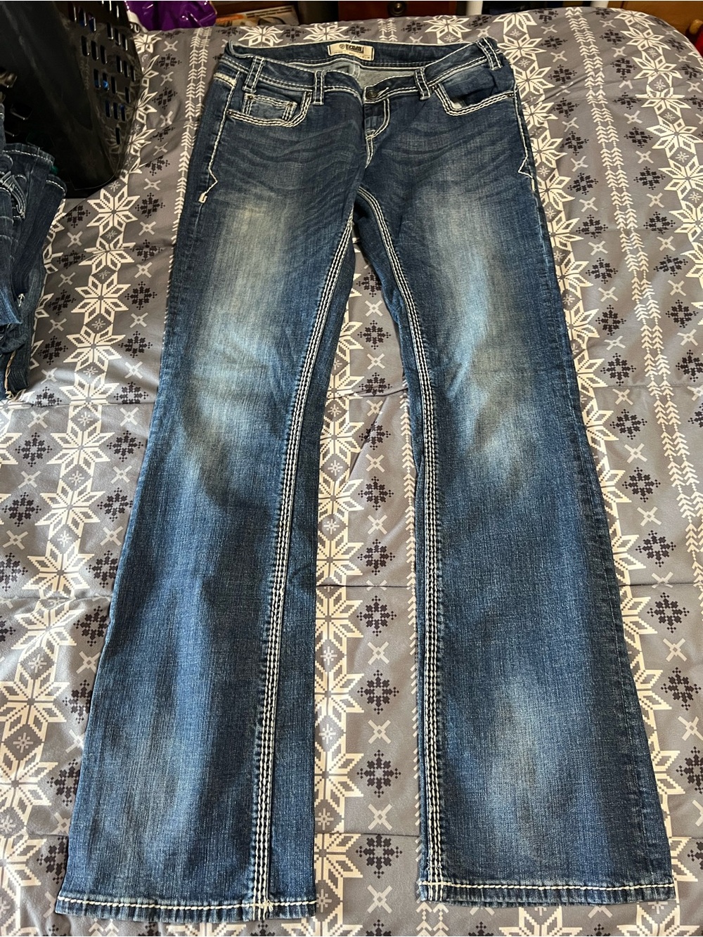 Rock & Roll Cowgirl Dark Blue Flare Jeans with Contrast Stitching